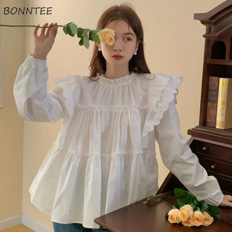 Baggy Blouses Women Ruffles Vintage Sweetheart Spring French Stylish Solid Designed All-match College Leisure Fashion Clothing