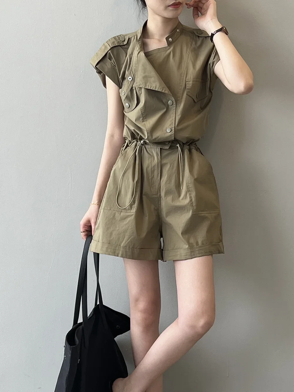 2024 Summer New High Waisted Drawstring Workwear Jumpsuit for Women Stand Up Collar Flying Sleeves Shirt Shorts 80998