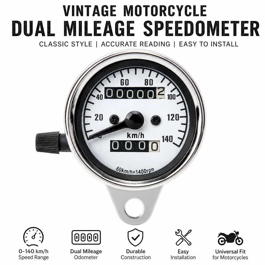 Retro Motorcycle Dual Odometer Speedometer LED Backlight, Resettable Daily Mileage Gauge for Harley, Jialing Vintage Motorbike