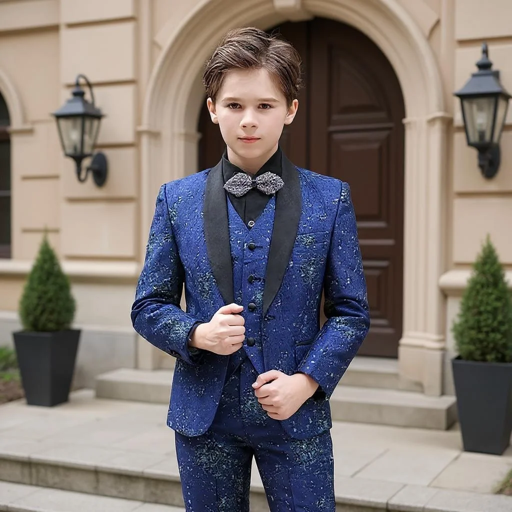 

Blue Floral Jacquard Suit for Boy Shawl Lapel Wedding Tuxedo Set for Halloween Christmas Party Piano Performance Kids Suit
