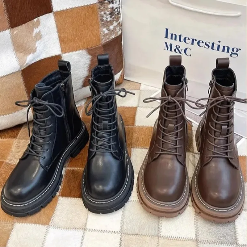 

Ботинки высокого качества из натуральной кожи, мотоциклетные ботинки, ботинки на платформе, классические женские ботильоны в лаконичном стиле, Botas Para Mujer