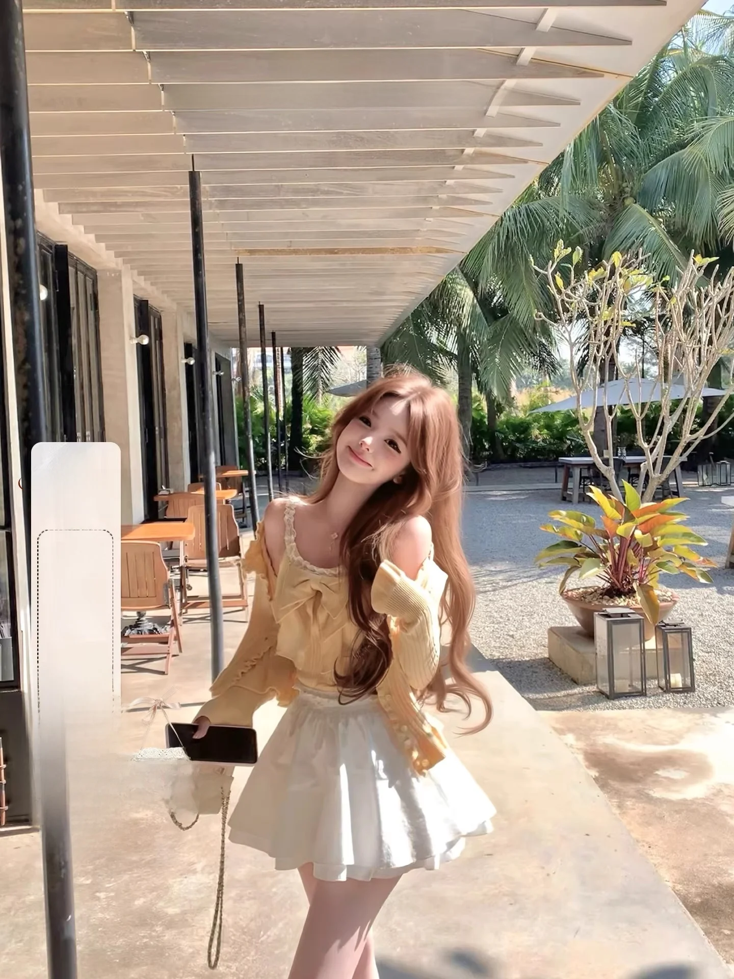 

White Lace Knot Knitted Cardigan And Tube Top Set Spring Faion Women's Two-Piece Suit Long Sve Butter Yellow