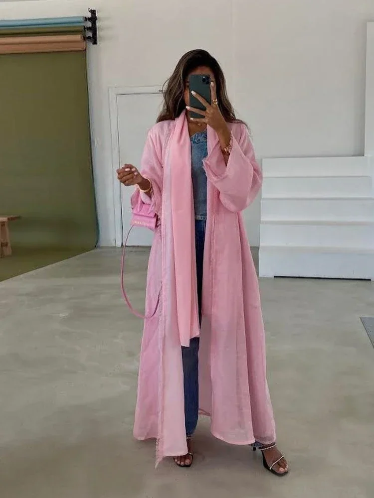 Eid Muslim Abaya Women Pink Cotton Linen Cardigan Jalabiya Morocco Party Dresses Dubai Abayas Kaftan Vestidos Arab Long Robe