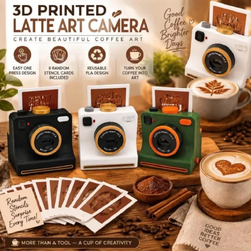 @3D Printed Funny Coffee Latte Camera Replaceable Cards One Touch Press DIY Latte Art Camera Tool Vintage Look Included Stencils