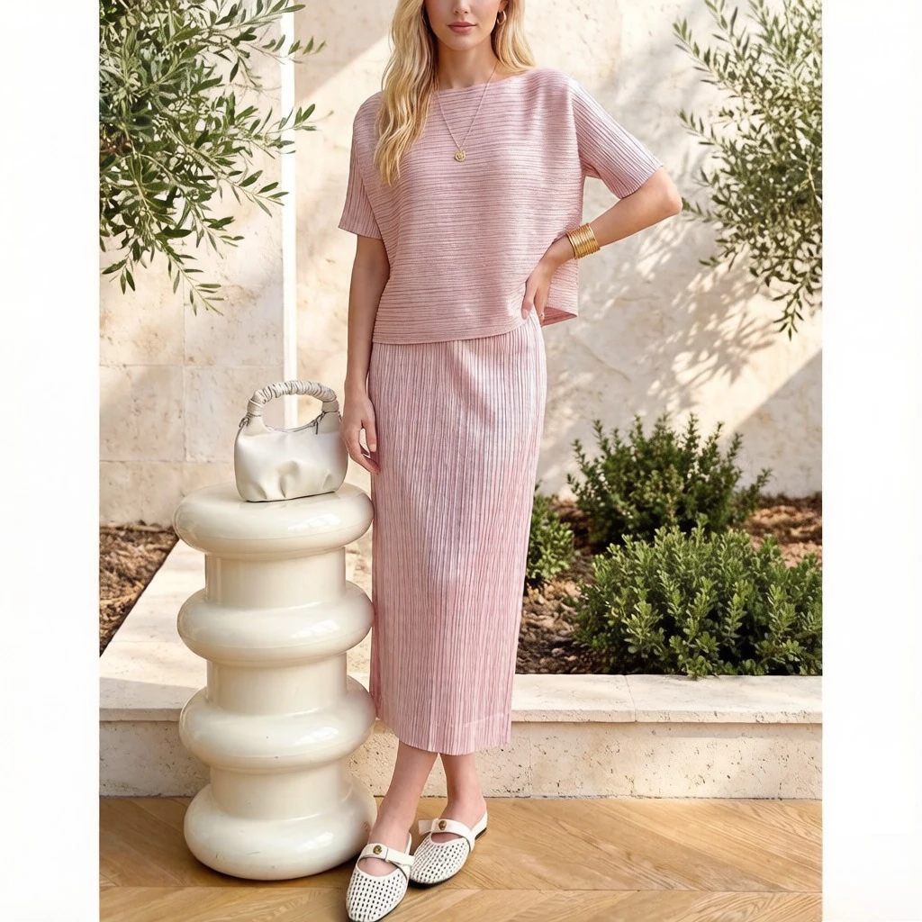 

Miyake Pleats Spring/Summer 2026 New Collection Pleated Shimmer Fabric Loose-Fitting Casual Comfortable Fashionable Skirt Set