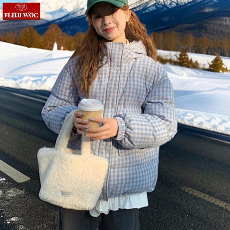 

Верхняя одежда, короткие пальто, Рождественская дата, милые девушки, зима 2025 года, корейский стиль, теплая клетчатая короткая пуховая хлопковая куртка, женские парки с тортом