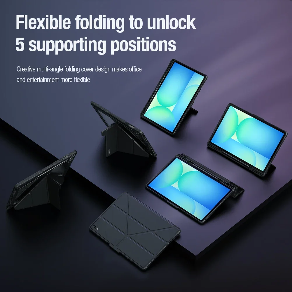 NILLKIN For Samsung Galaxy Tab S9 Plus S10 FE Plus S10 Ultra Armor Bumper Leather Pro Case Slide Camera Hard PC+PU Protector