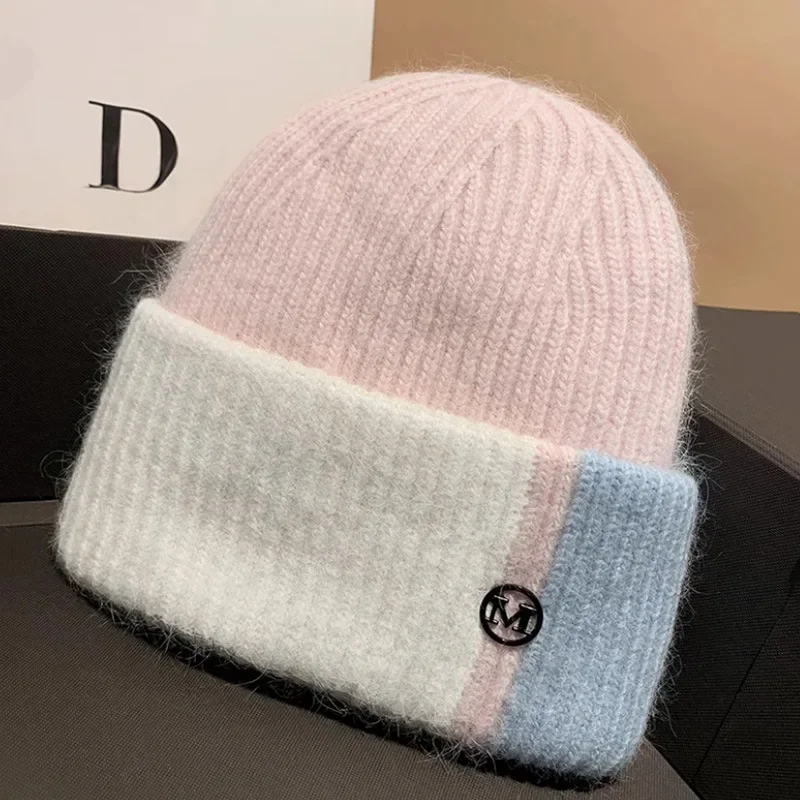 Autumn and Winter Beanie Letter Color Blocked Rabbit Hair Wool Hat for Women Cute Pullover Hat Thick Warm Two-color Knitted Hat