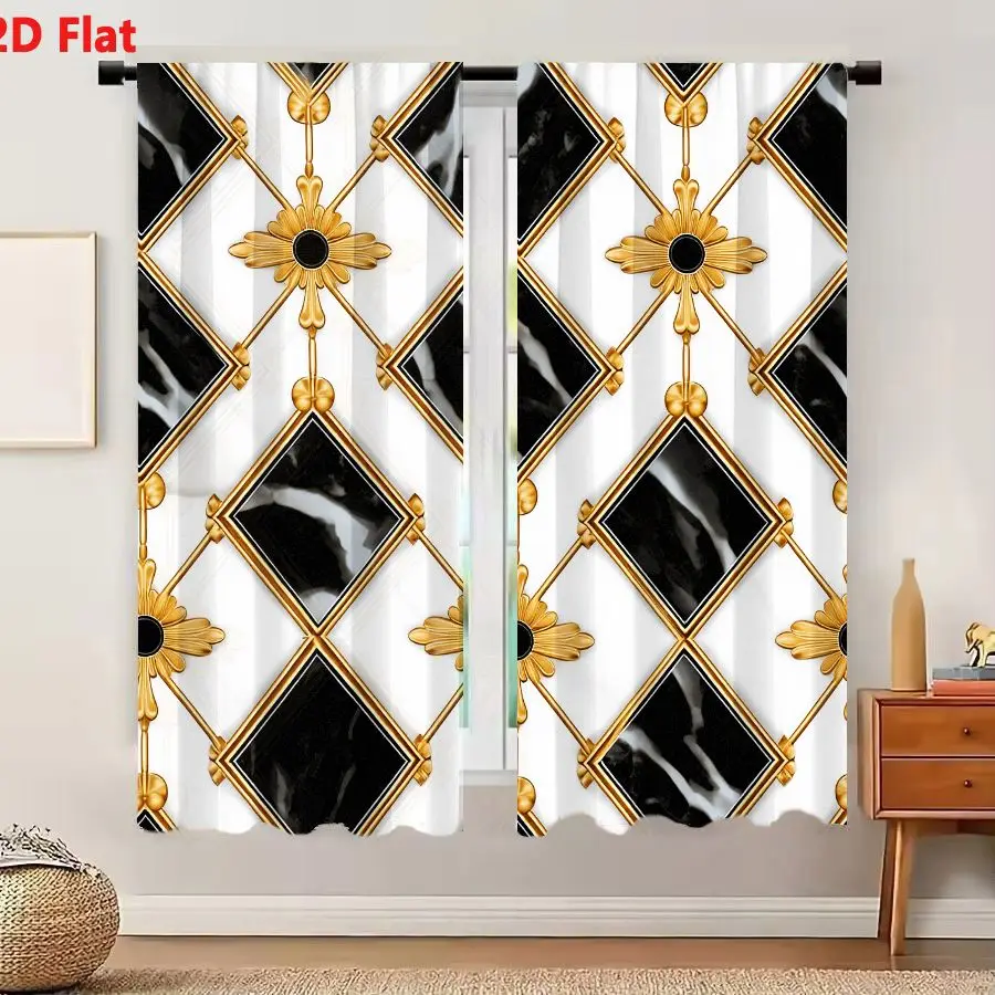 2Pcs Curtains 2D Flat Black And White Marble-Like Diamonds With Gold Border And Ornate Rosette Floral Motifs Decorative Pattern