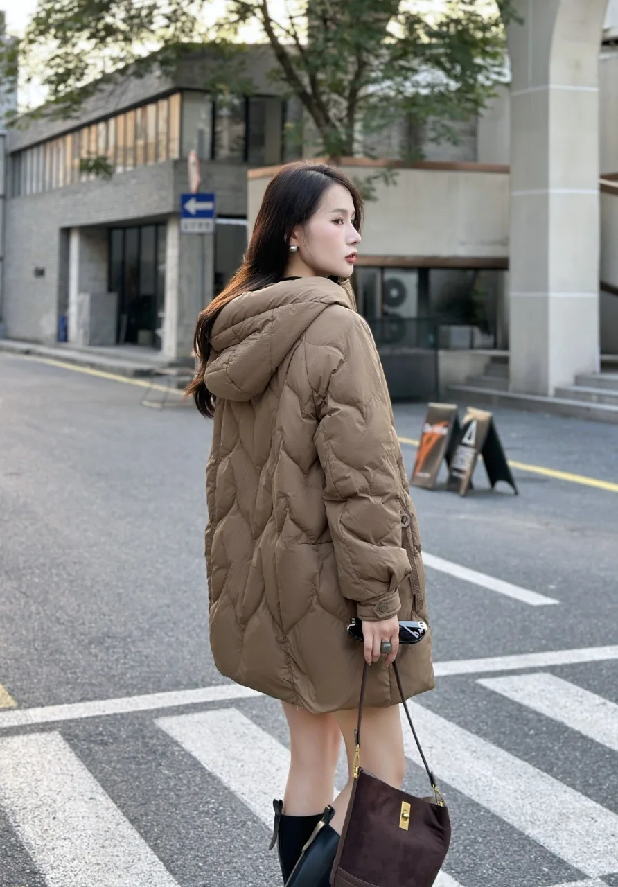Winter Stand Collar Mid Length Hooded Down Jacket Women Thick Zipper Parker Jackets Female Solid Warm Down Outwears Overcoat