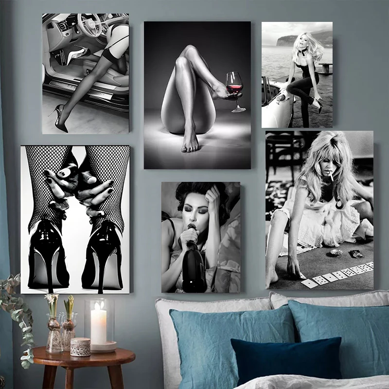 Fancy Dressed Woman in High Heels Poster Prints Black and White Fantasy Wall Art Canvas Painting Girls Room Decor Wall Pictures