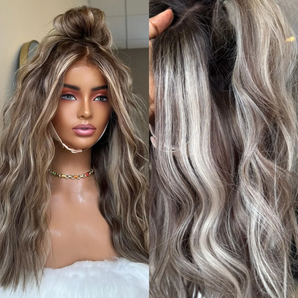 20 Inches Ombre Blonde Brown Mix Color Synthetic Lace Front Wigs Realistic Look Natural Hairline Daily Party Cosplay Wigs Female