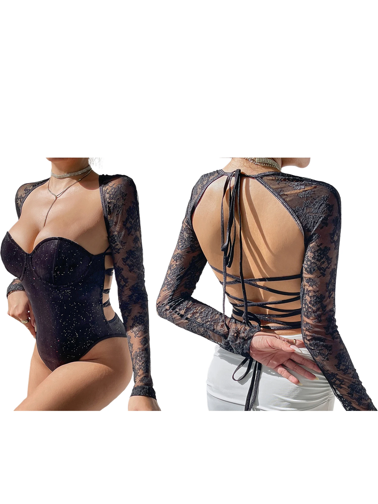 Sexy kanten halternek mouwloze open rug bodycon jumpsuit clubwear party romperjurk voor dames