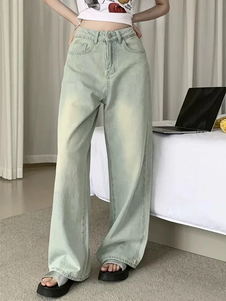 

Vintage Casual Pure Color Loose Straight Female Wide Leg Pants Summer New Basic High Waist Simple Full Length Street Women Jeans