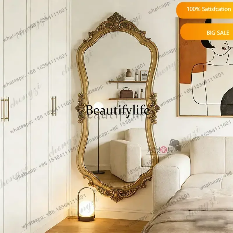 French retro special-shaped wall-mounted full-length mirror bedroom floor-to-ceiling carved full-length mirror