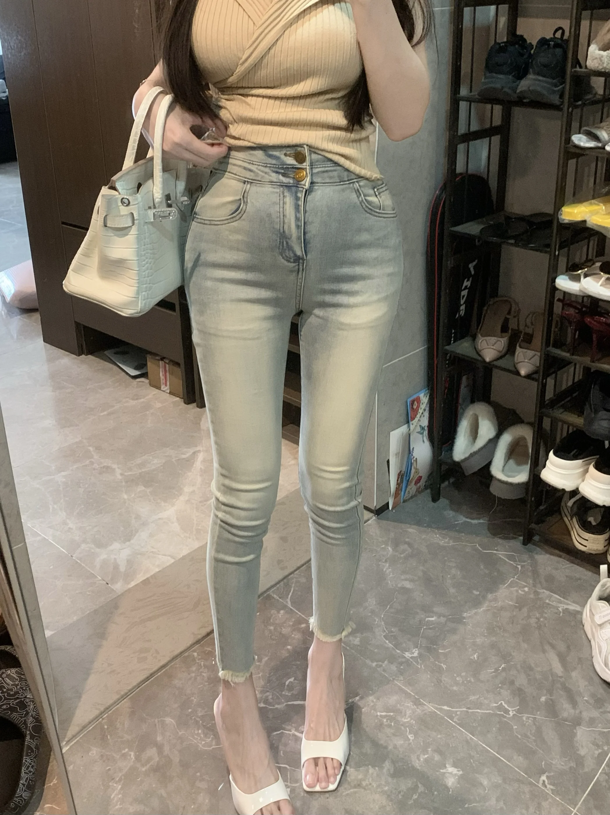

High Waist Skinny Jeans Women's Elastic Nine Points Casual Cotton Stretch Denim Pants Sexy Light Color Dongda Gate Sle