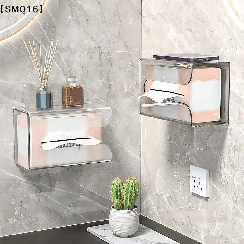 Plastic Wall Mounted Tissue Box Self-adhesive Punch Free  Upside Down Space-saving Napkin Container Bathroom【SMQ】