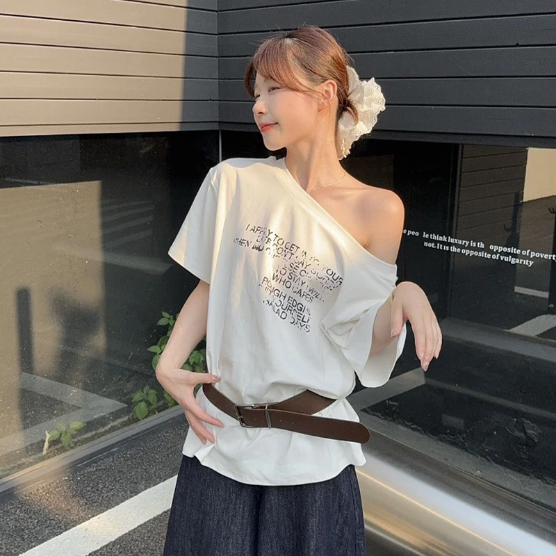 

Women's American Retro Letter Print Off-Shoulder Short Sleeve Loose Casual T-Shirt