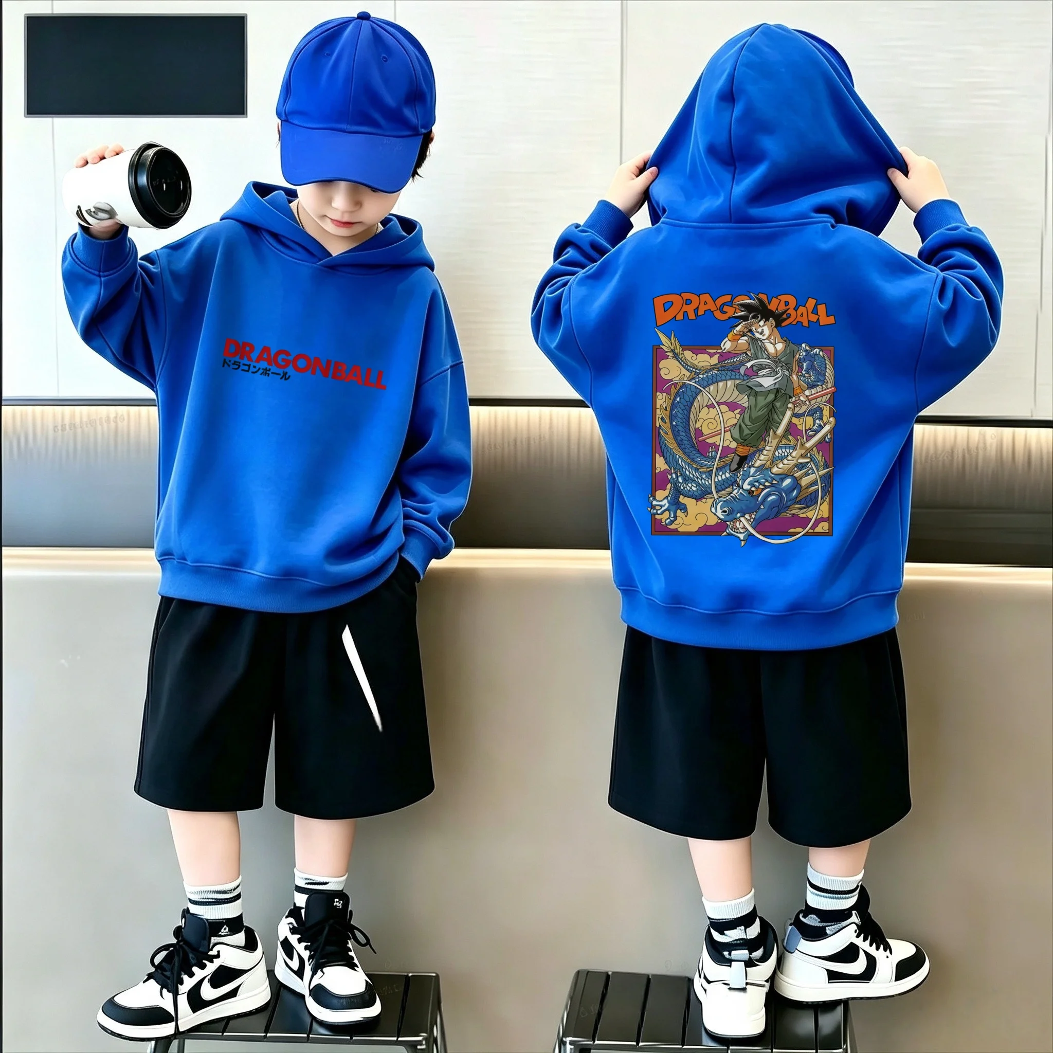 Kinder-Kapuzenpullover im Anime-Stil mit Dragon-Ball-Logo, großes Goku-Shenlong-Motiv, im Buchseiten-Design, bedruckter Kapuzenpullover. – Detail 6