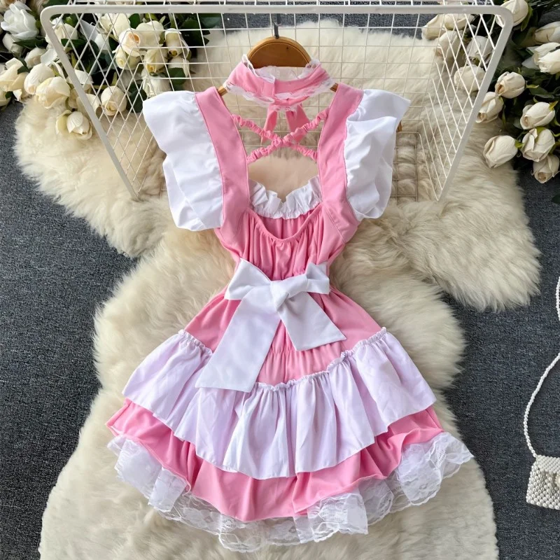 Franse Zoete Jurk Roleplay Meid Kostuum Lolita Schattige Rok Strik Kawaii Lingerie Cosplay Kant Dienaar Uniform Verleiding Charme Set