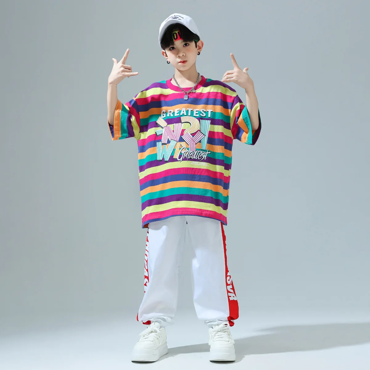 Kinder Street Dance Performance Kleidung Mädchen im ausländischen Stil gestreiftes T-Shirt Jungen Hip Hop Anzug