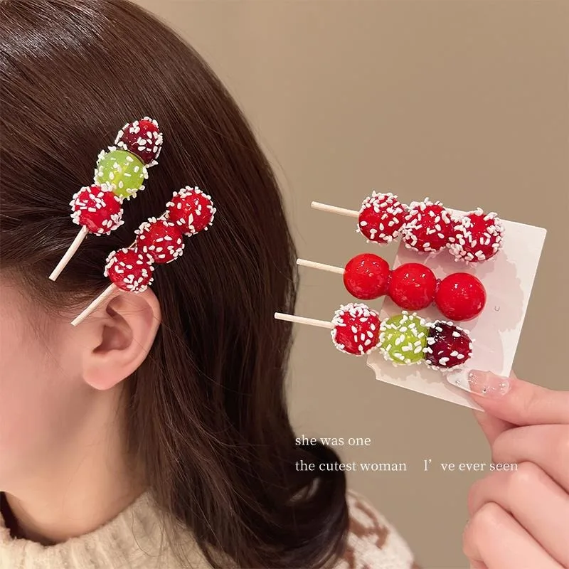 Red Bingtanghulu Hairpin With Bangs and Broken Hair on The Side Headwear Cute New Year Hair Jewelry