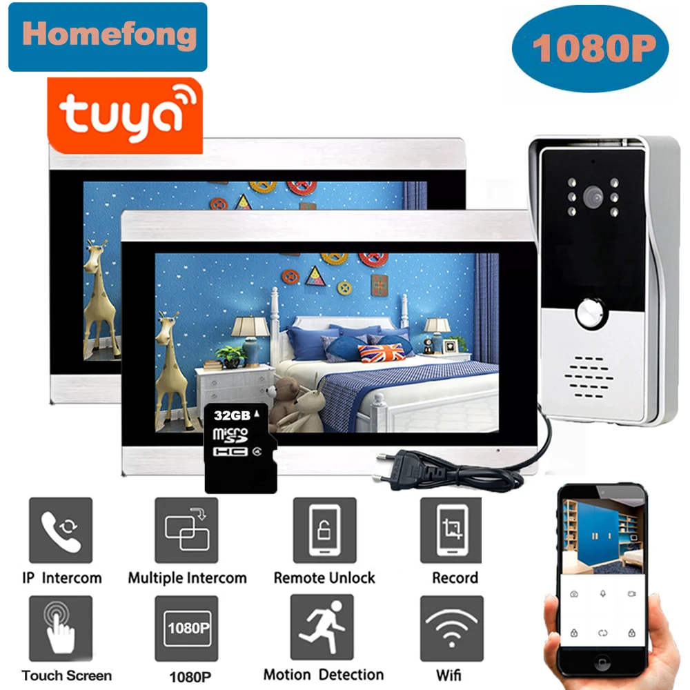 Homefong  1080P Wifi Video Intercom Wireless 7 inch Indoor Monitor Video Door Phone Tuya Smart Mobile Remote Control Unlock Call