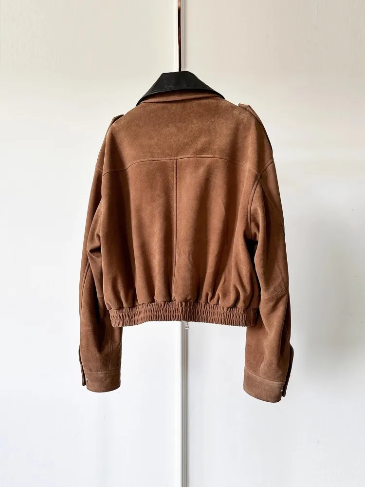 Nuove donne vintage autunno giacca in vera pelle colletto couverture vestibilità ampia casual cappotto corto in pelle di pecora scamosciata di alta qualità femminile