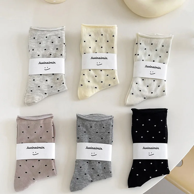 Ins Women Dotted Socks Spring Autumn Crew Socks Breathable Soft Cotton Mid Calf Socks Girls Cream Roll Edge Cute Women Maternity
