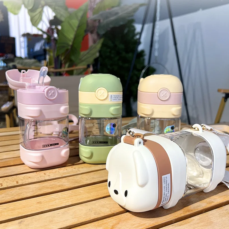 Water Bottle With Straw Cute Dog Shape Water Cup For Girls Gifts Child Outdoor Portable Tritan Water Bottle Kids Free Shipping