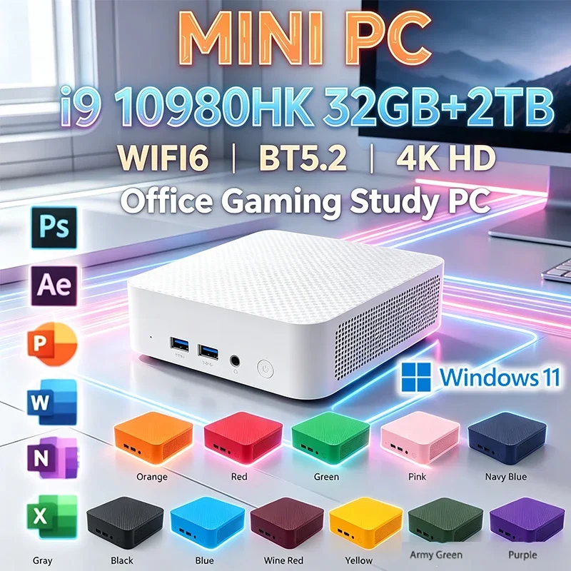 New Mini PC Intel I9 10980HK Mini PC Dual LAN Windows 11 Pro 16GB RAM 1TB 2TB M.2 SSD WIFI6 BT5.2 4K HD Gaming Server HTPC Study