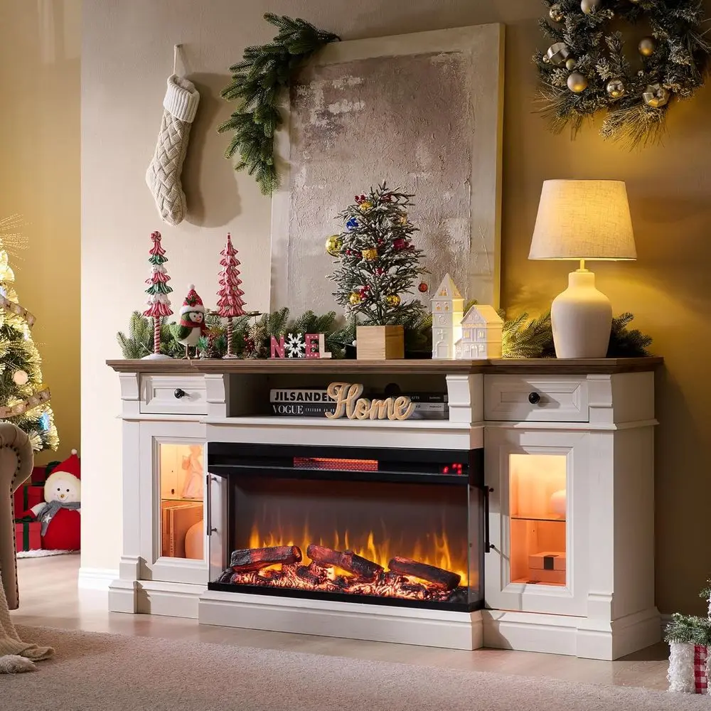 

36 3-сторонних стеклянных электрических каминов со светодиодной подсветкой, подходит для 80 телевизоров, шкаф для хранения медиаседиа в античном белом цвете