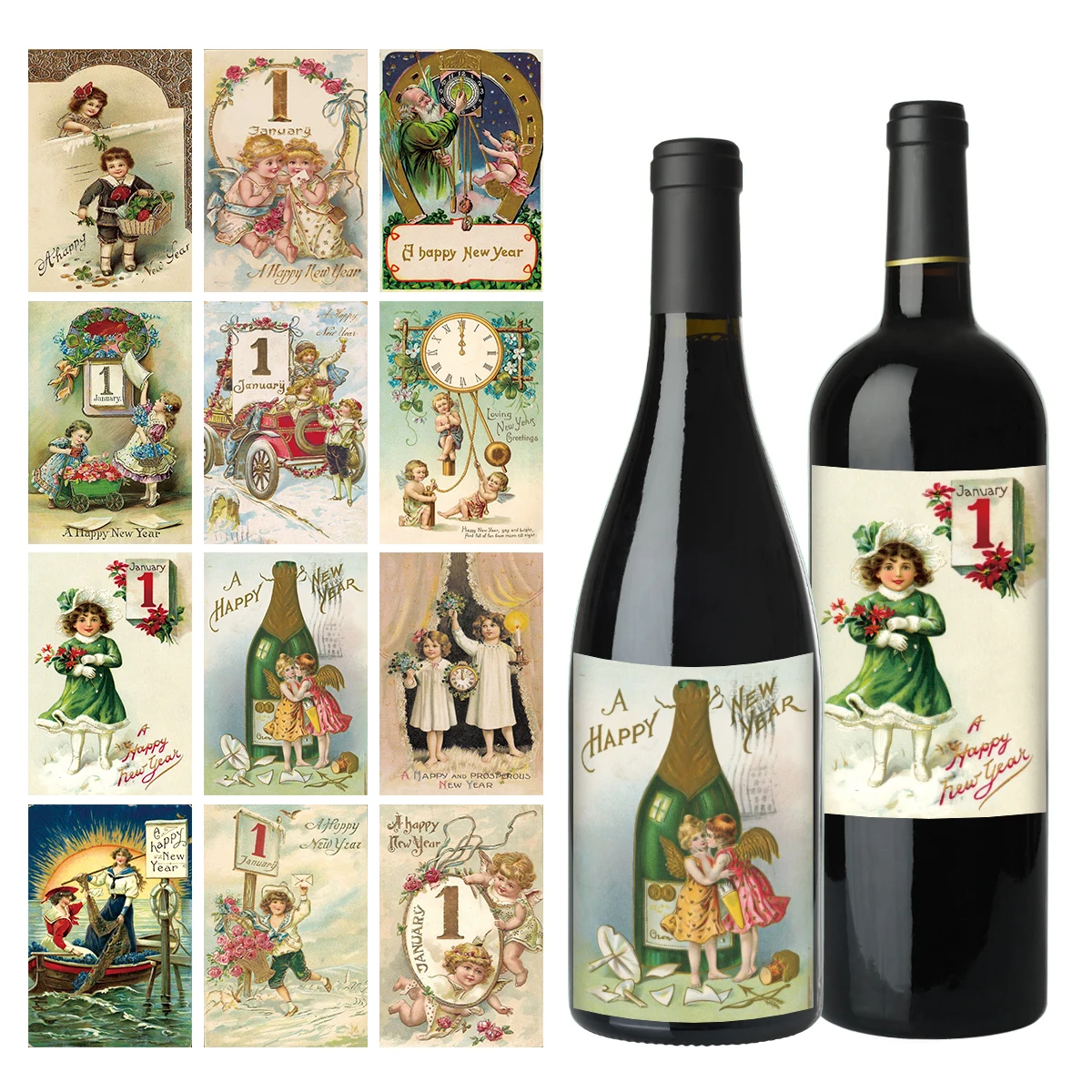 12 Uds. Etiquetas adhesivas Vintage para botellas de Año Nuevo, etiquetas Retro para bebidas, suministros festivos para fiestas, etiquetas de vino de vinilo, celebraciones de Año Nuevo