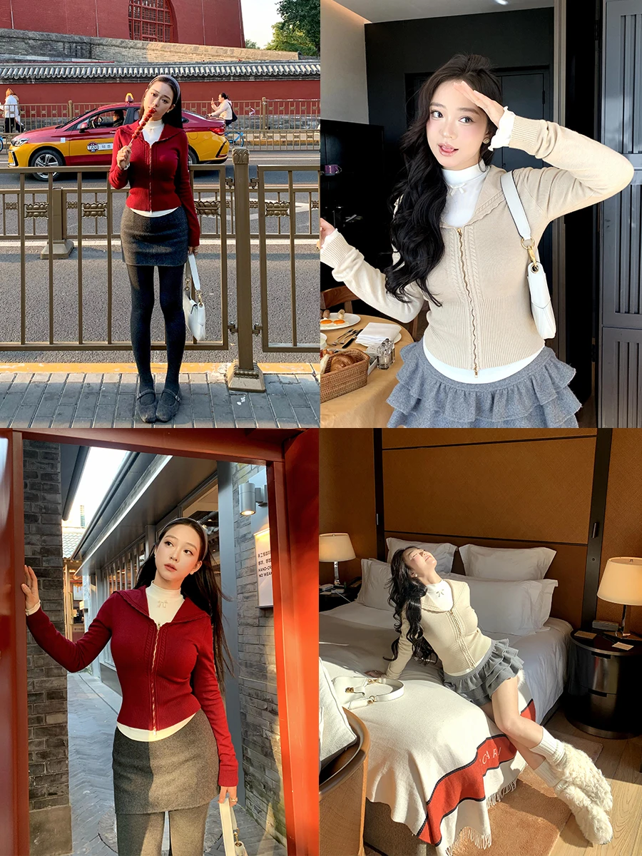 

Романтический темно-синий волнистый свитер с воротником, женское пальто больших размеров с двойной молнией, удобное вишневое брендовое пальто для поездок на работу, длинный све