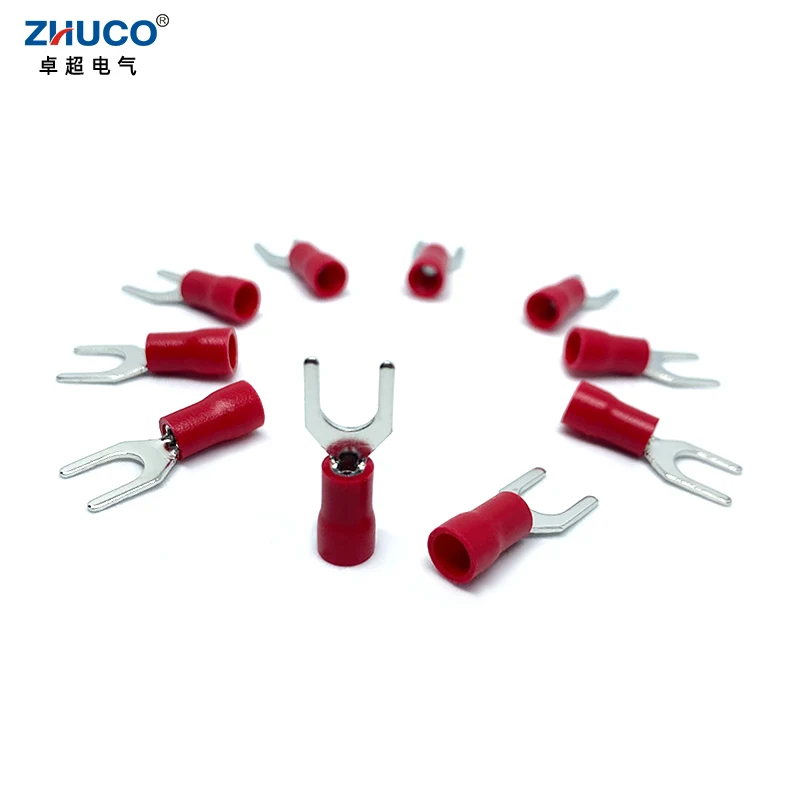 100pcs SVS1.25-5 Red Copper PVC Pre-Insulating U Fork Spade 22-16 AWG Furcate Wire Connector Faston Cable Lug Crimp Terminal