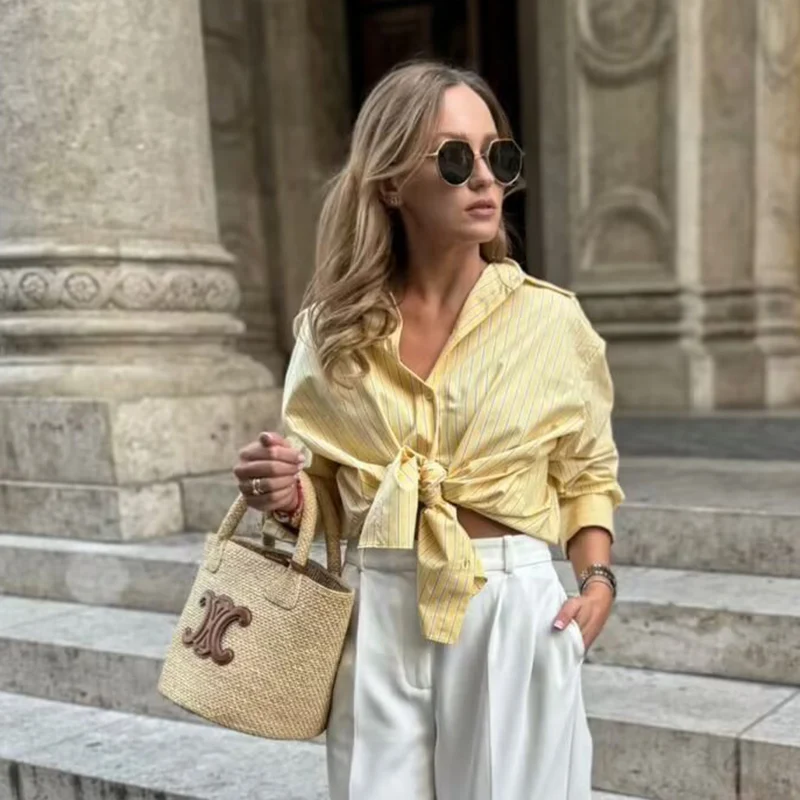 BUSCFOX Koszula damska w paski 2025 Letnie luźne koszule jednorzędowe Eleganckie koszule i bluzki z długim rękawem Top