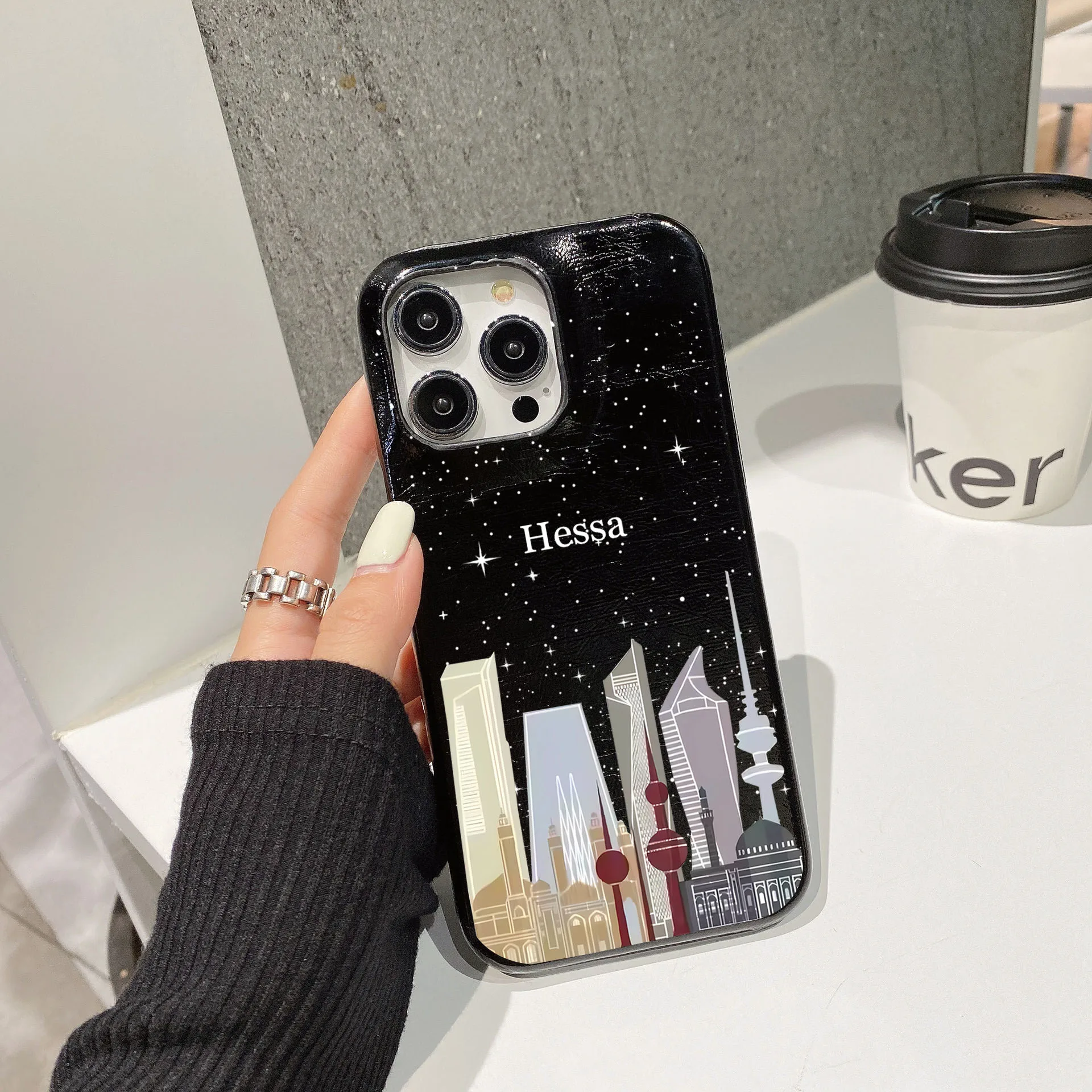 Personalised Initial letters Pebble Grain Leather Case for iphone 11 12 14 13 15 16Pro Max XS Max XR 16 Plus Covers Moon & Stars