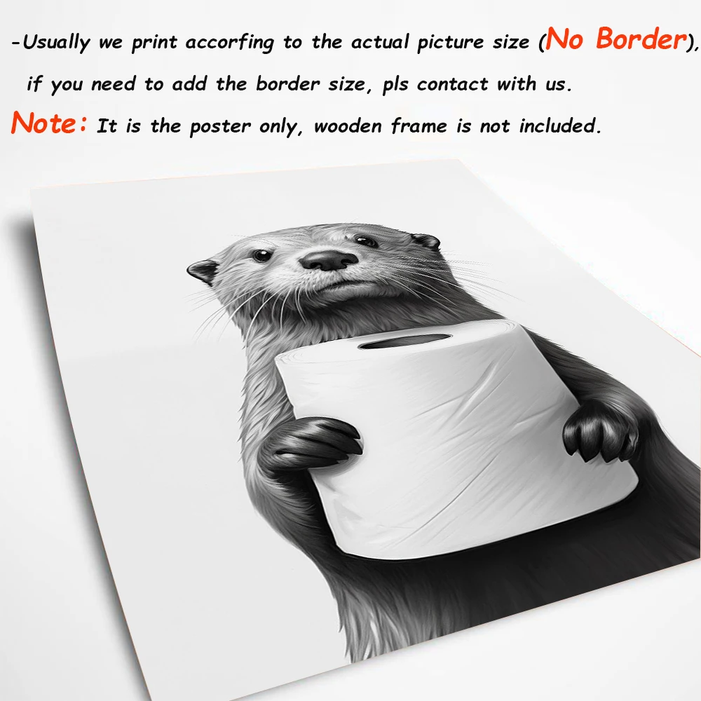 Cute Animals Toilet Paper Living Room Wall Art Poster Black and White Otter Canvas Painting Print Funny Bathroom Home Decoration