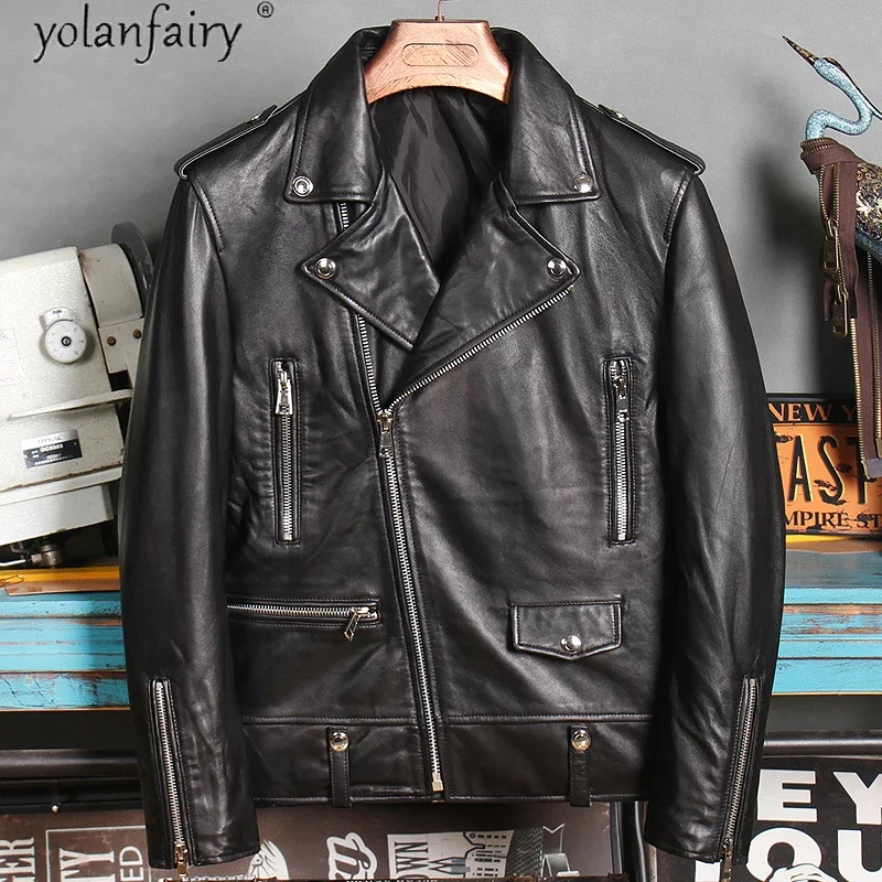 Mens Leather Jacket 100% Sheepskin Coat Man Genuine Leather Biker Motorcycle Jacket Men Clothing Spring Autumn X-2052 KJ5610