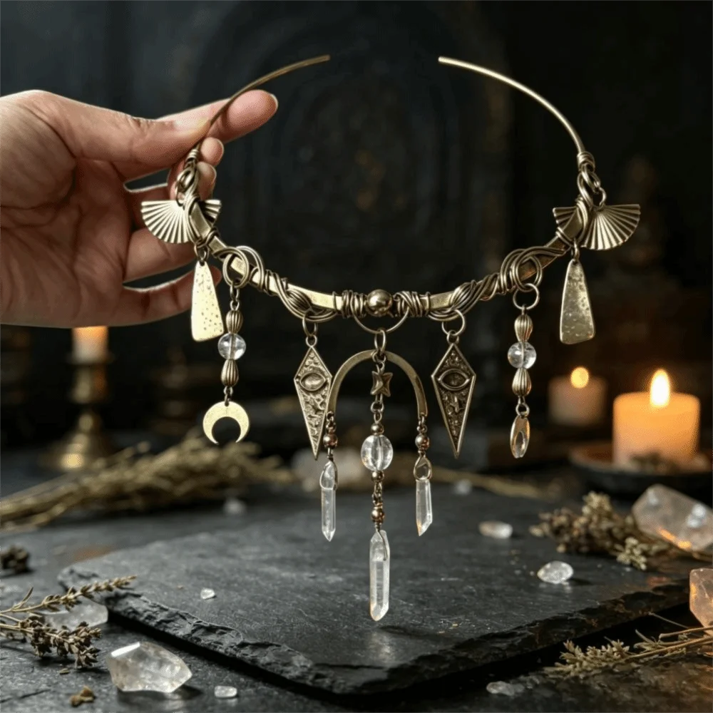 Handmade Choker Water Droplet Starry Moon Geometric Pendant Necklace Heavy-Duty Winding Tassel Tassel Collar Daily Wear