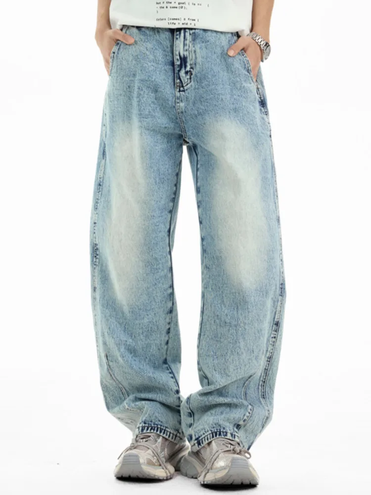Men's Premium Blue Baggy Jeans American Casual Minimalist Denim Snow Wash Faded Wide Leg High End Streetwear Pants 1PQS