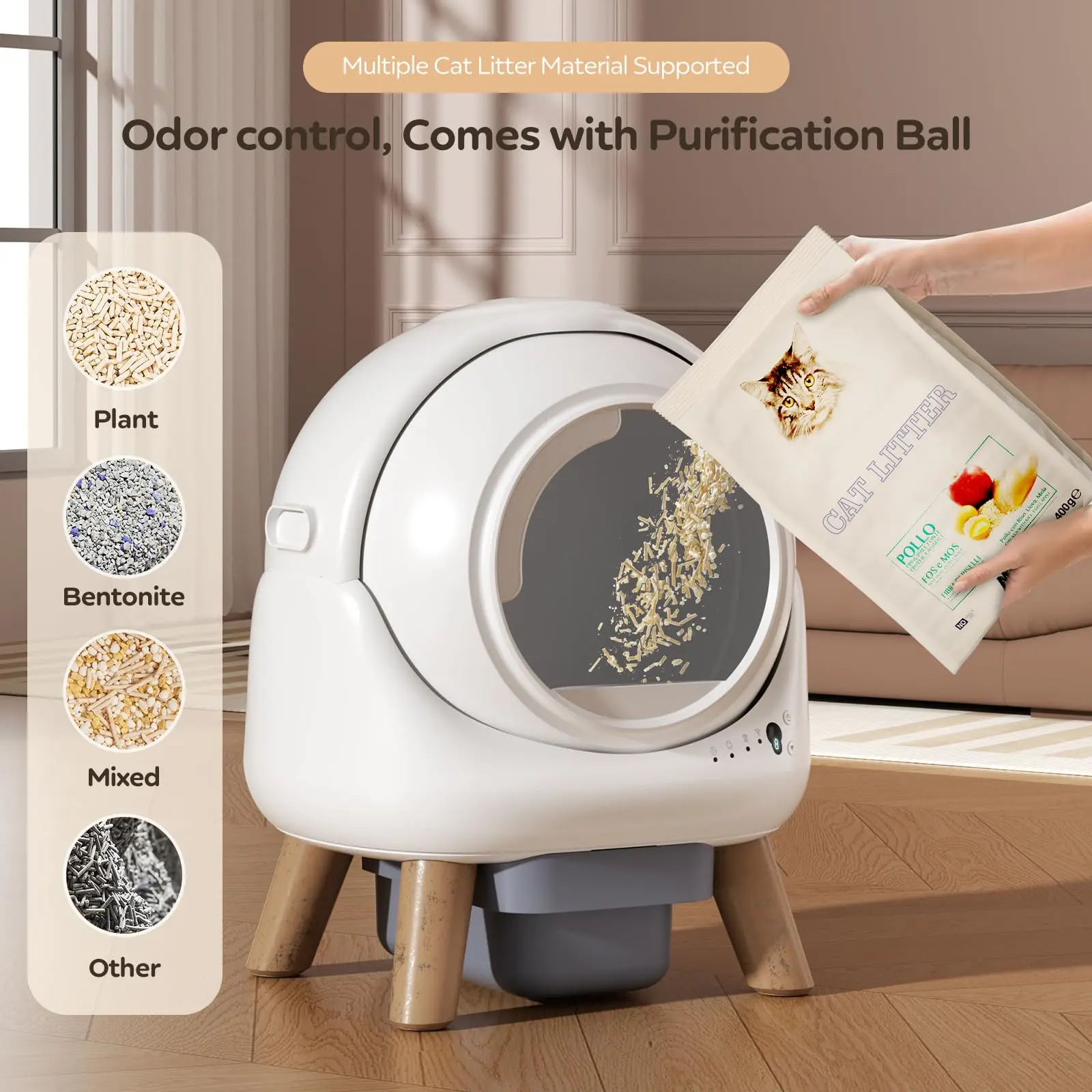 صندوق نفايات التنظيف الذاتي لروبوت مرحاض القطط الذكي المتعدد مع التحكم في التطبيق، صندوق نفايات القطط للتنظيف التلقائي بالكامل