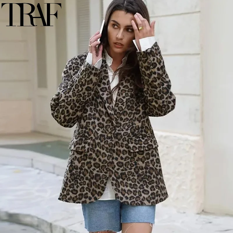 TRAF Women\'s Blazer Coat Vintage Leopard Long Blazer Woman Autumn Long Sleeve Faux Wool Coats Casual Office Wear Suit Jacket