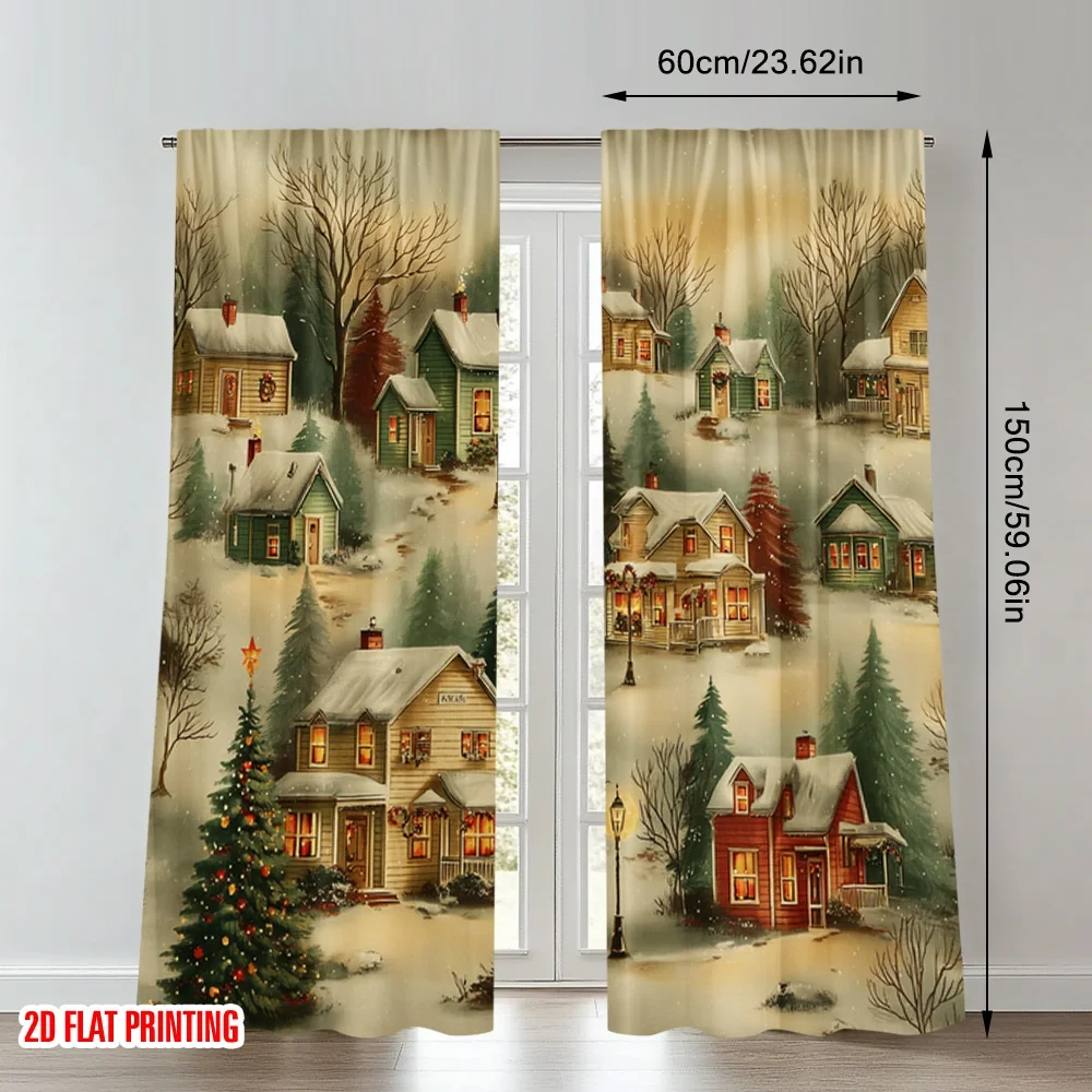 2 قطعة 2D الطباعة المسطحة عيد الميلاد ستائر الحفلات دافئ عيد الميلاد قرية الشتاء مشهد الرقمية المطبوعة البوليستر الستائر احتفالية #2