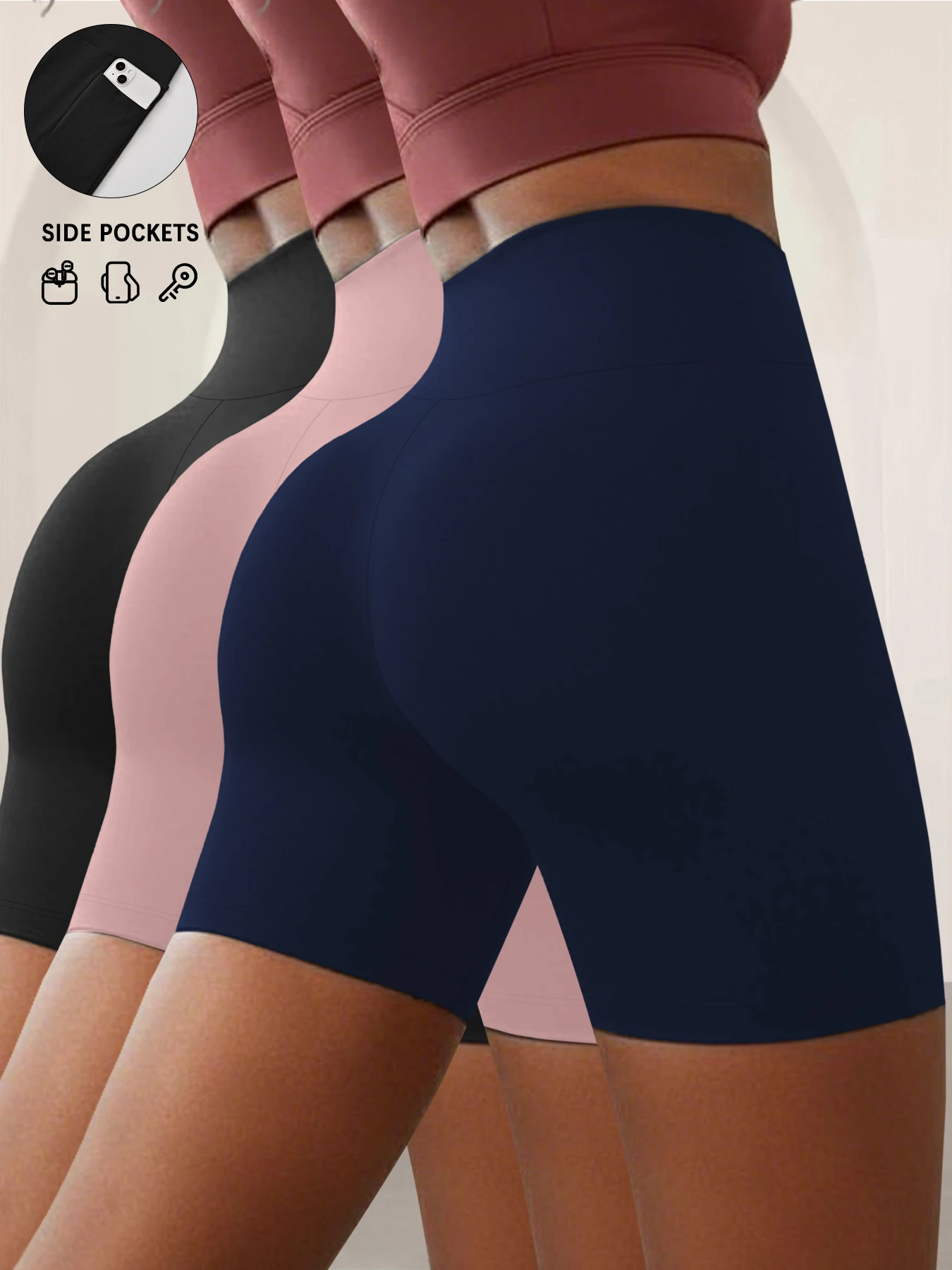 3 Pack High Waisted Biker For Women With Pockets Tummy Control No See Through Workout Running Yoga Push Up Gym Fitness Shorts