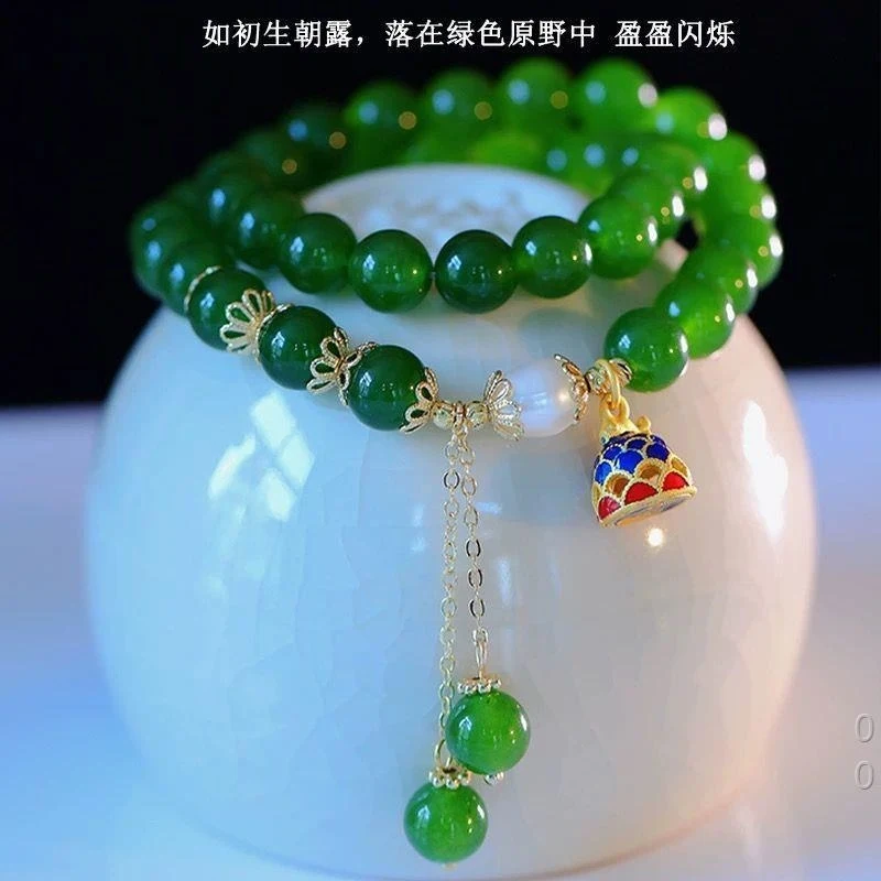 Green chalcedony bracelet, double-layered, with lucky koi fish and pearl beads, for women, enhances complexion, versatile jewelr