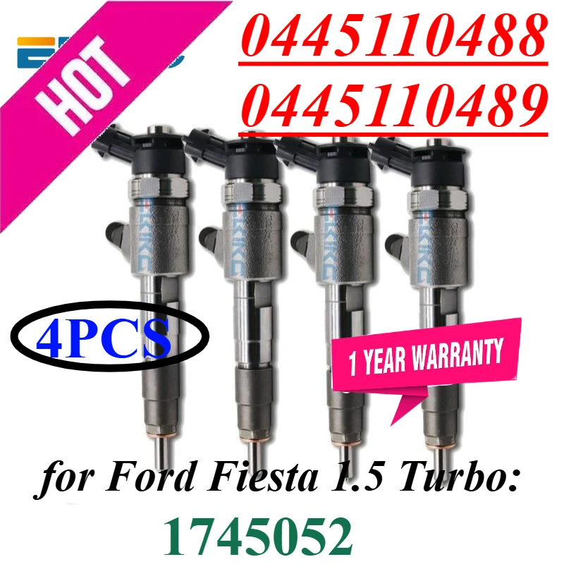 4PC 0445110489 Common Rail Injector 0445110488 Engine Oil Sprayer 1745052  for Ford Fiesta 1.5 Turbo CV8Q-9F593AA