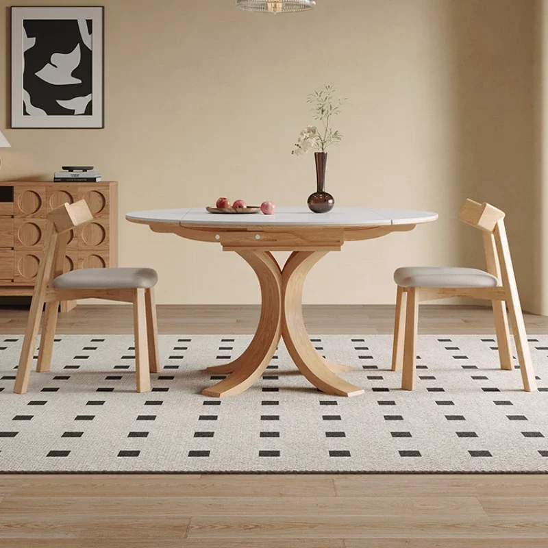 Cream wind folding solid wood rock slab retractable dining table household small apartment light luxury modern simple variable
