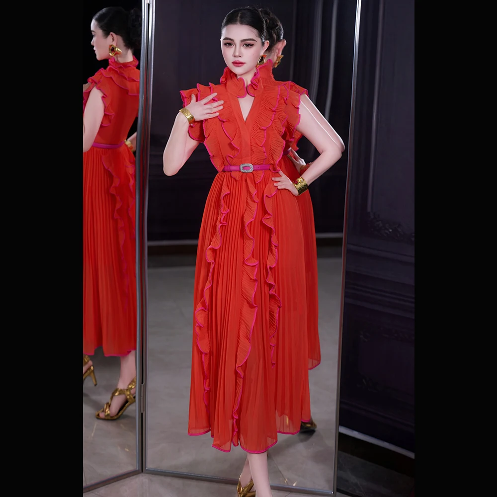 

Meyyithun Women's V-neck Midi Dress Fashionable Ruffles Pleated Spring/Summer 2026 Runway Style