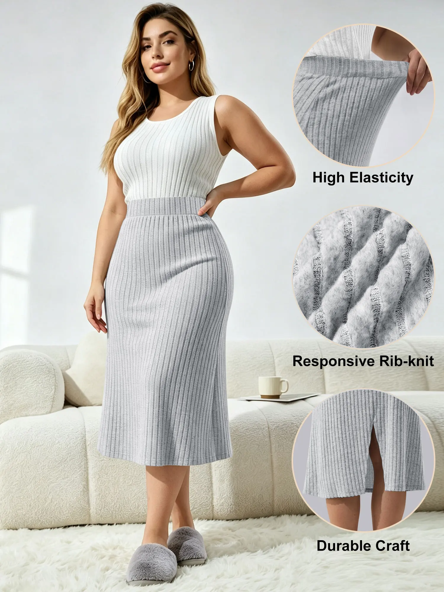 Women's Plus Size Stretchy  Ribbed Straight Maxi Skirt with Back Slit,Tummy Control Casual Long Pencil Skirts for Daily Wear
